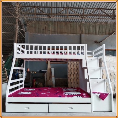 EU192 - White : Giường 2 Tầng, 2 Hộc Kéo + Cầu Thang Đảo Chiều, Giá Sách - Trên 1m / Dưới 1m4